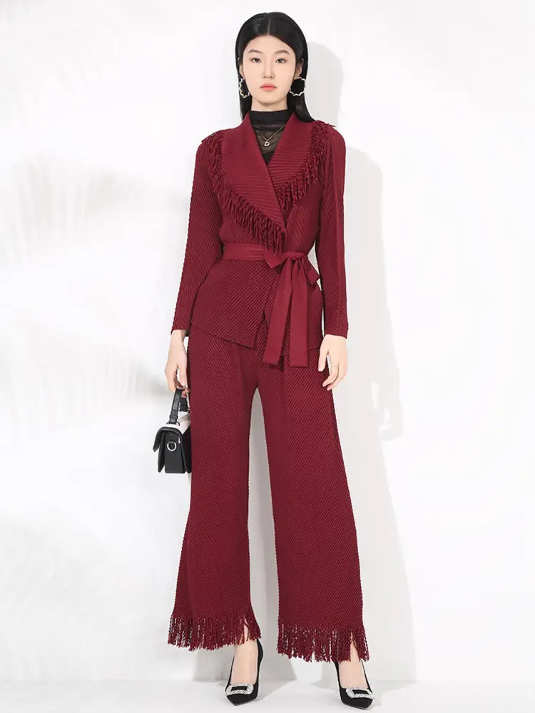 LANMREM Wrinkled Pleated Fringe Suit Women's Notched Collar Bandage Jacket High Waist Long Pants Two-piece Set 2DM1060