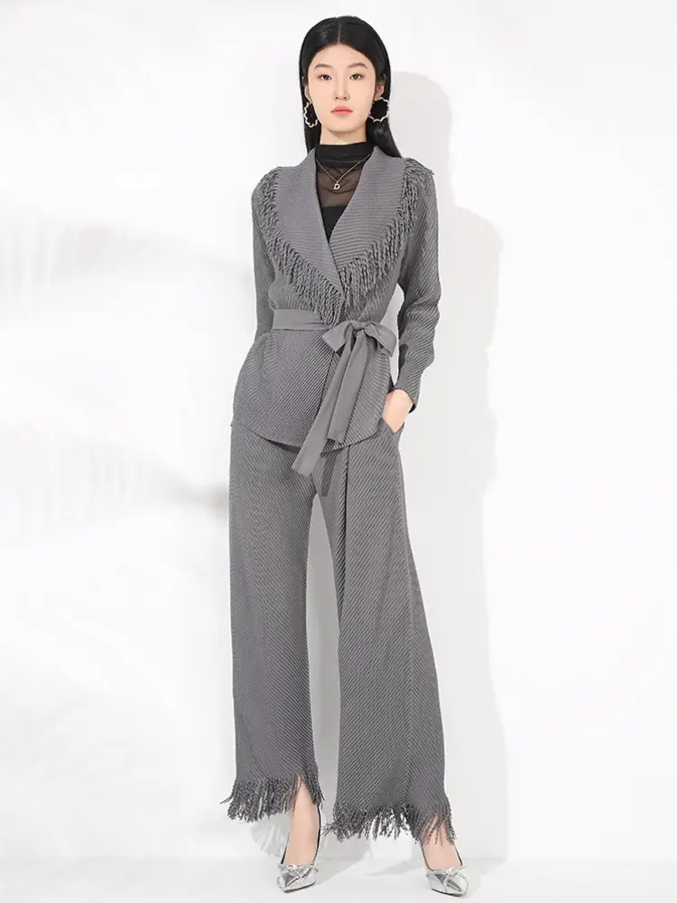 LANMREM Wrinkled Pleated Fringe Suit Women's Notched Collar Bandage Jacket High Waist Long Pants Two-piece Set 2DM1060