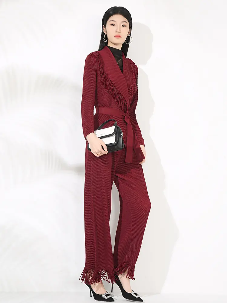 LANMREM Wrinkled Pleated Fringe Suit Women's Notched Collar Bandage Jacket High Waist Long Pants Two-piece Set 2DM1060