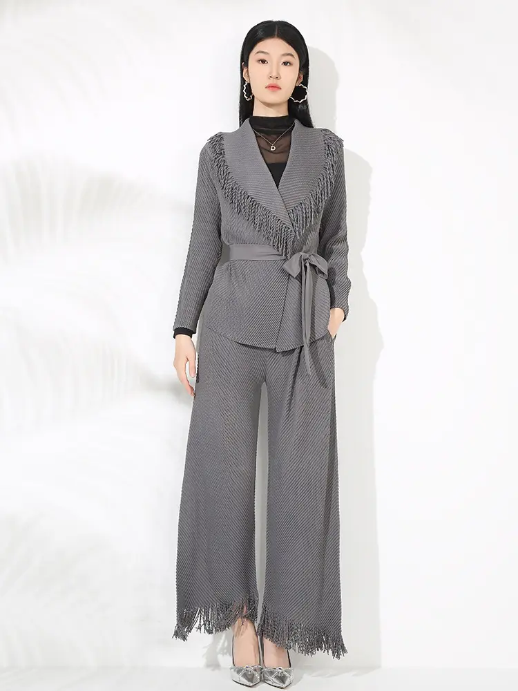 LANMREM Wrinkled Pleated Fringe Suit Women's Notched Collar Bandage Jacket High Waist Long Pants Two-piece Set 2DM1060