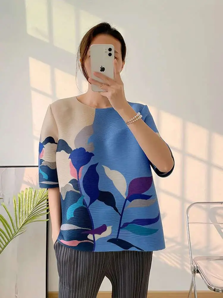 LANMREM Pleated Round Neck Short Sleeves Printed Flower T-shirt For Women 2025 Spring And Summer New Female T-shirt Top 2N105
