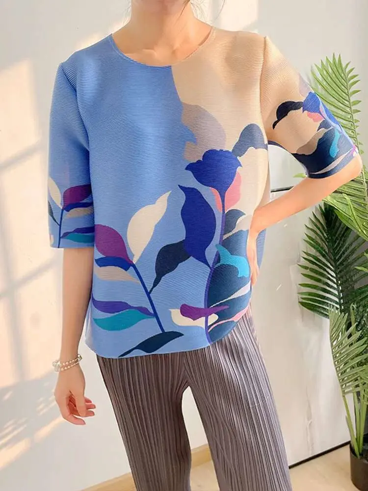 LANMREM Pleated Round Neck Short Sleeves Printed Flower T-shirt For Women 2025 Spring And Summer New Female T-shirt Top 2N105