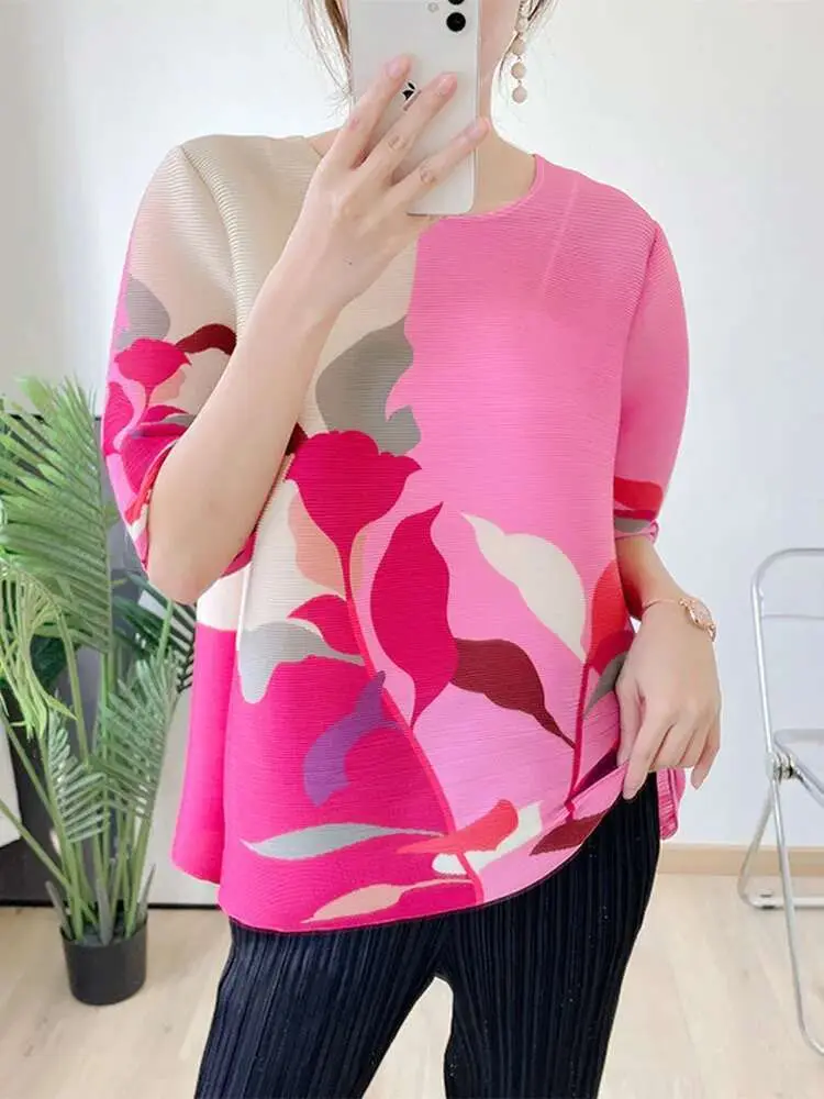 LANMREM Pleated Round Neck Short Sleeves Printed Flower T-shirt For Women 2025 Spring And Summer New Female T-shirt Top 2N105