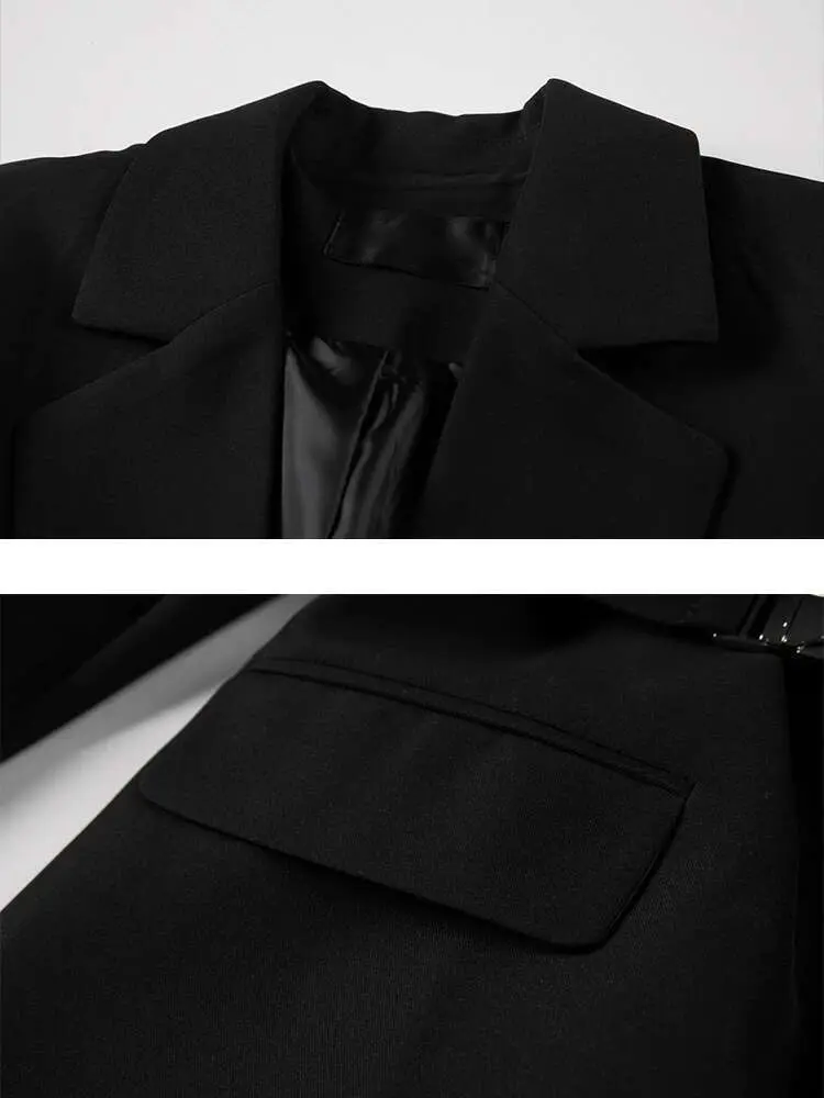 LANMREM Fashion Solid Blazers For Women Patchwork Notched Long Sleeves Belt Coat Streetwear 2025 Spring New Clothing 2AA1139