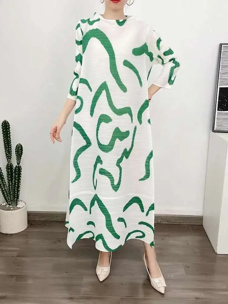 LANMREM Color Block Pleated Dress Women Loose Style Long Length Fashion Dresses Festival Clothes 2024 Spring Summer New 2DA1028