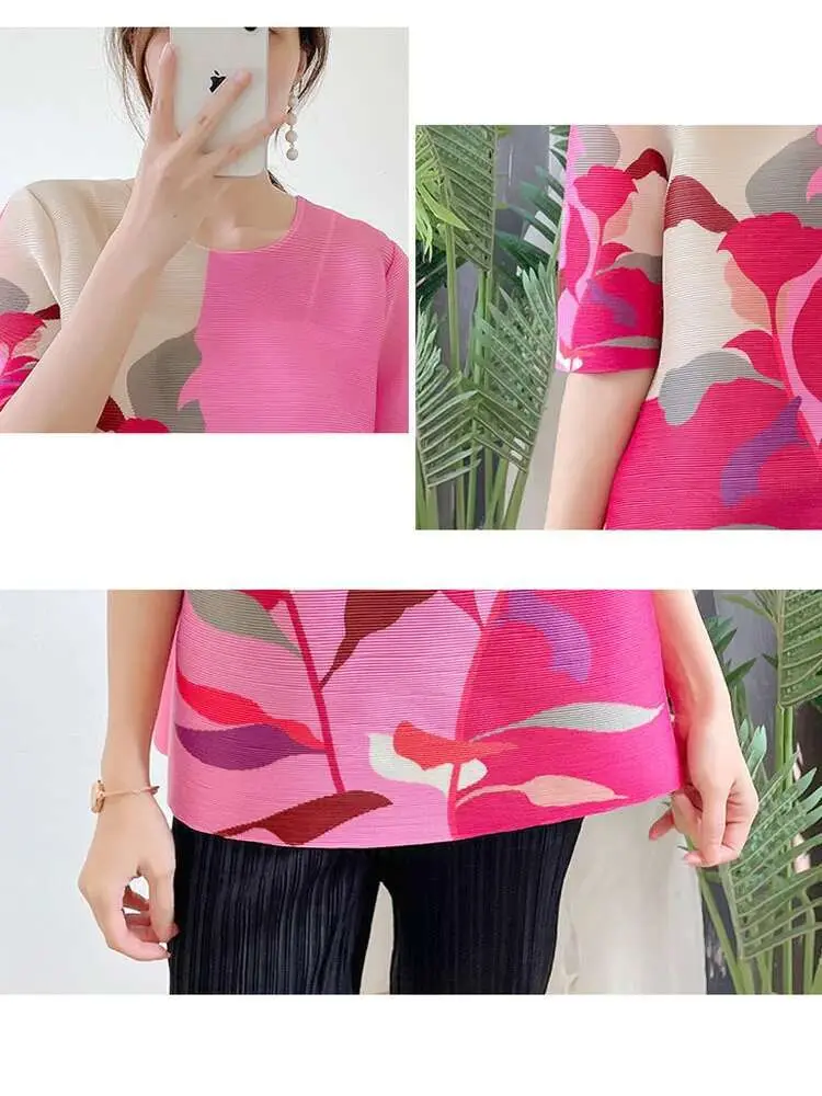 LANMREM Pleated Round Neck Short Sleeves Printed Flower T-shirt For Women 2025 Spring And Summer New Female T-shirt Top 2N105