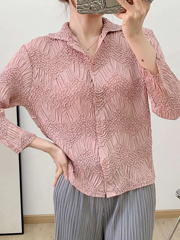 LANMREM Women's Pleated Shirt Lapel Long Sleeve Single Breasted Solid Color Casual Tops Female Fashion 2025 Spring New 2DE237