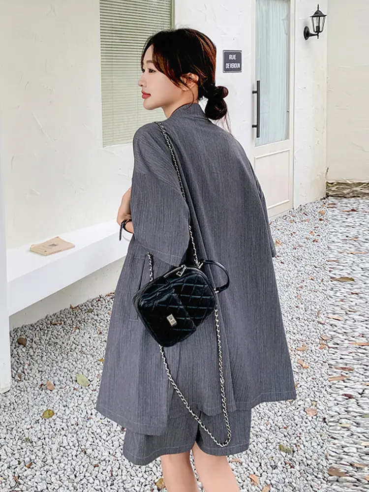 LANMREM Dark Grey Chic Summer Shorts Two Pieces Set For Women Notched Collar Short Sleeved Suit Coat + Wide Leg Shorts 2DB2773