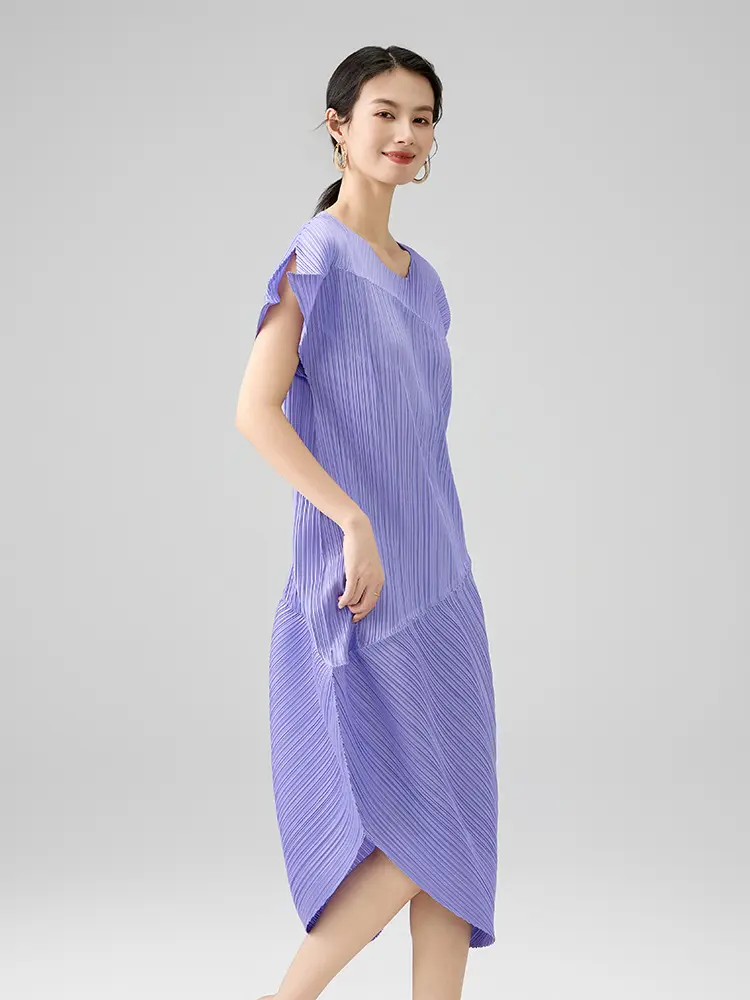 LANMREM Irregular Deisng Pleated Dress For Women 2025 New Loose Casual Round Collar Short Sleeve Vent Summer Dresses 2DB2820