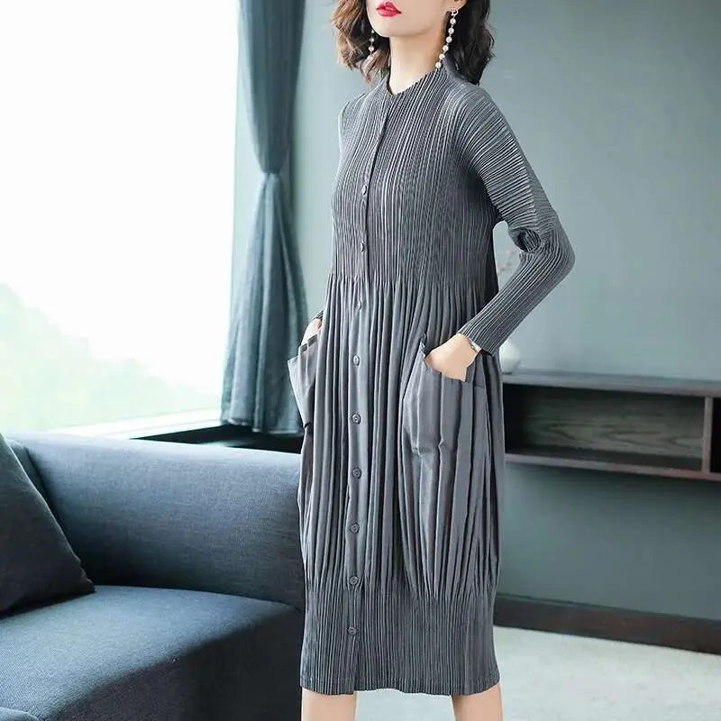 LANMREM 2025 High Quality New Pleated Clothing For Women Long Sleeve Stand Collar Doulble Pockets Loose Dress Vestido YF576