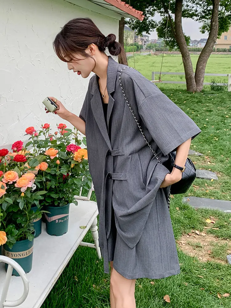 LANMREM Dark Grey Chic Summer Shorts Two Pieces Set For Women Notched Collar Short Sleeved Suit Coat + Wide Leg Shorts 2DB2773
