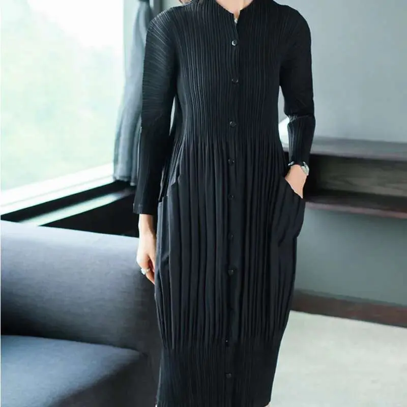 LANMREM 2025 High Quality New Pleated Clothing For Women Long Sleeve Stand Collar Doulble Pockets Loose Dress Vestido YF576
