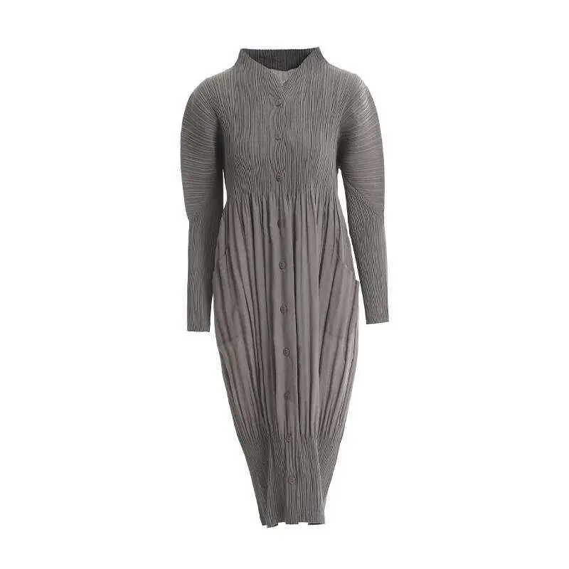 LANMREM 2025 High Quality New Pleated Clothing For Women Long Sleeve Stand Collar Doulble Pockets Loose Dress Vestido YF576