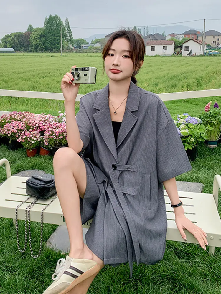 LANMREM Dark Grey Chic Summer Shorts Two Pieces Set For Women Notched Collar Short Sleeved Suit Coat + Wide Leg Shorts 2DB2773