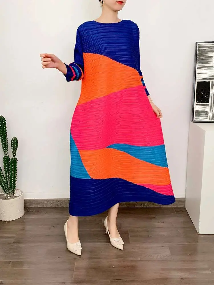 LANMREM Printed Pleated Dress Women Color Block Round Neck Long Sleeve Sides Buttons Elegant Dresses Party Clothes New 2DA1016