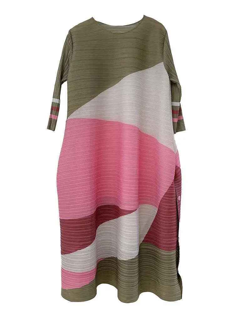 LANMREM Printed Pleated Dress Women Color Block Round Neck Long Sleeve Sides Buttons Elegant Dresses Party Clothes New 2DA1016