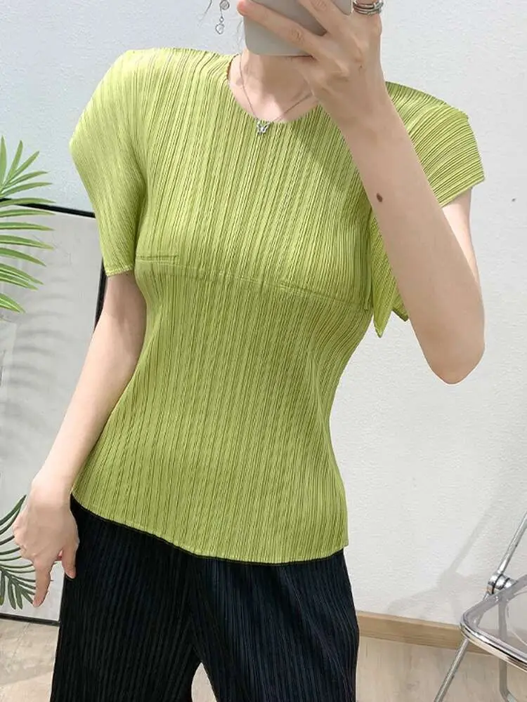 LANMREM Light Purple Pleated Sleeveless Top 2025 Summer New Design Loose Casual Versatile O-neck Women's T-shirt Famale Clothing
