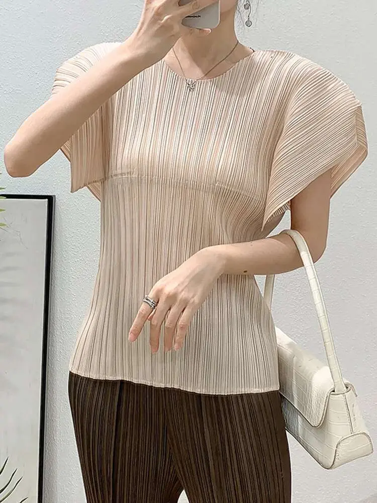 LANMREM Light Purple Pleated Sleeveless Top 2025 Summer New Design Loose Casual Versatile O-neck Women's T-shirt Famale Clothing