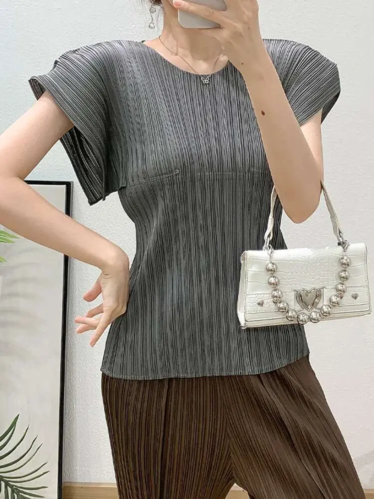 LANMREM Light Purple Pleated Sleeveless Top 2025 Summer New Design Loose Casual Versatile O-neck Women's T-shirt Famale Clothing
