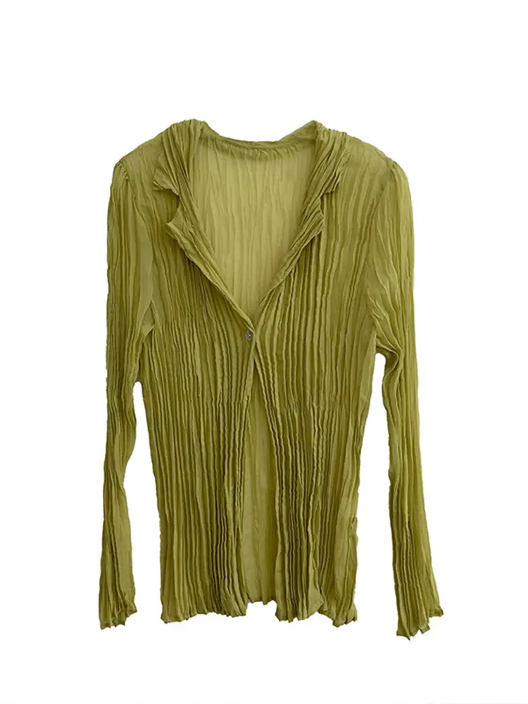 LANMREM Women's Pleated Sunscreen Shirt Elastic Slim Long Sleeved 2025 New Signle Button Cardigan Tops Semitransparent Blouse