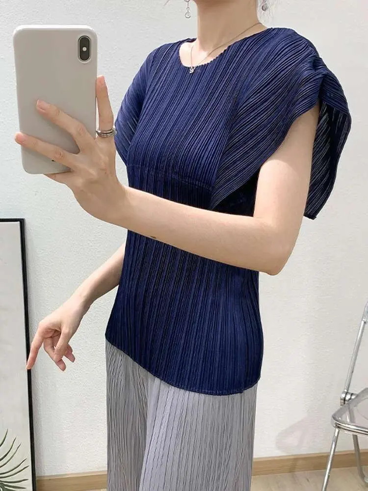 LANMREM Light Purple Pleated Sleeveless Top 2025 Summer New Design Loose Casual Versatile O-neck Women's T-shirt Famale Clothing