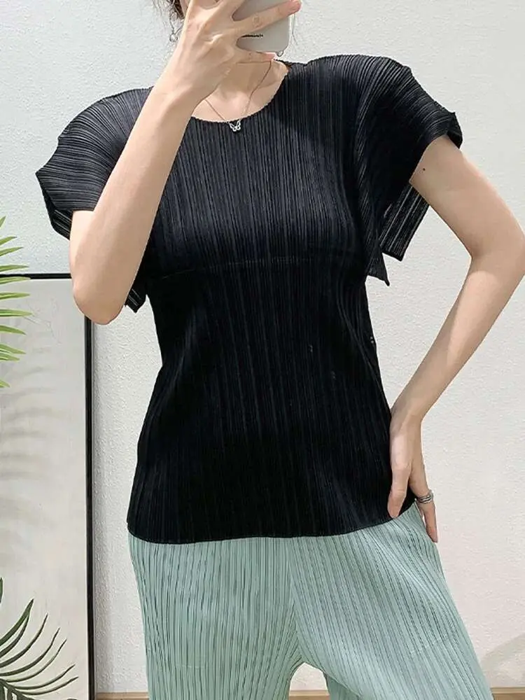 LANMREM Light Purple Pleated Sleeveless Top 2025 Summer New Design Loose Casual Versatile O-neck Women's T-shirt Famale Clothing