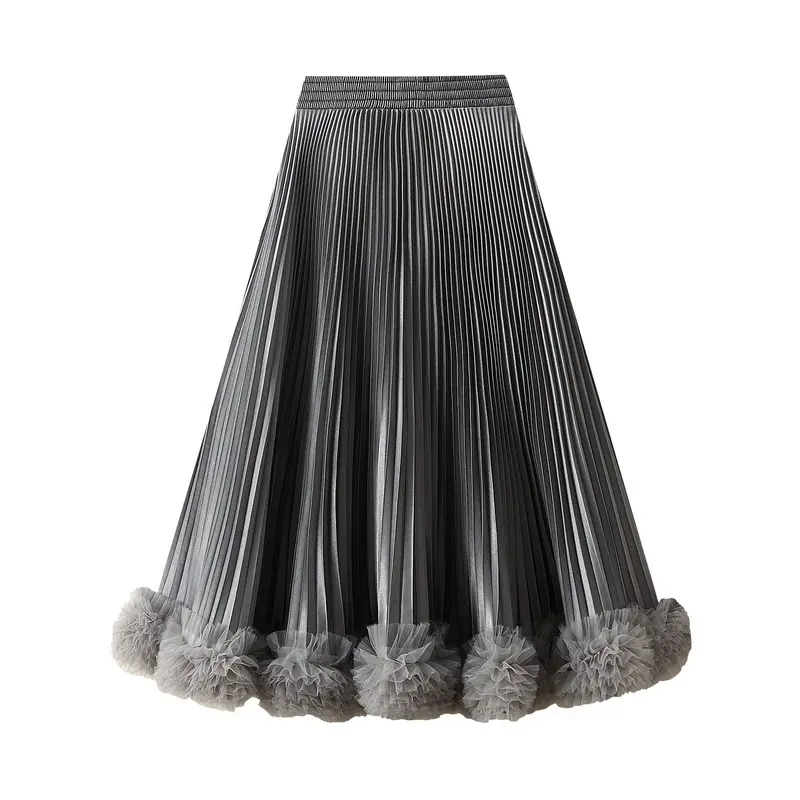 LANMREM Elegant Pleated Petal Skirt For Women 2025 New High-End Mid-Length A-Line SkirtS With Mesh Ruffled Hem Chic New 2DB3760