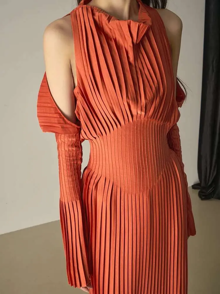 LANMREM Elegant Pleated Dress Hanging Neck Off Shoulder High Waist Slim Waist Flare Sleeves Mid Length Party Clothing 2R9811