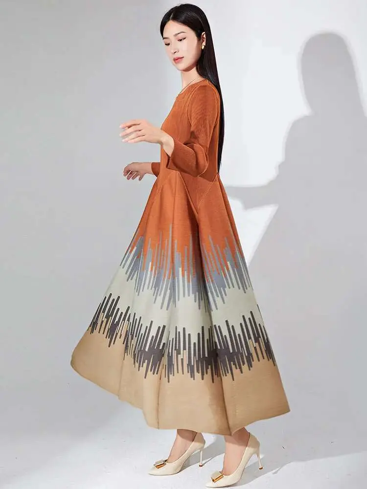 LANMREM Printed Pleated Dress Long Sleeves Color Block Fold Fashion Big Dresses Female Evening Clothing 2023 New 2DA2101