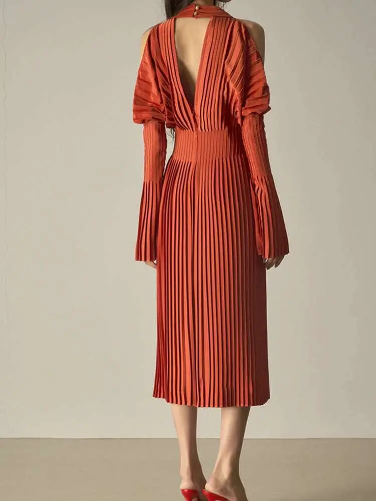 LANMREM Elegant Pleated Dress Hanging Neck Off Shoulder High Waist Slim Waist Flare Sleeves Mid Length Party Clothing 2R9811