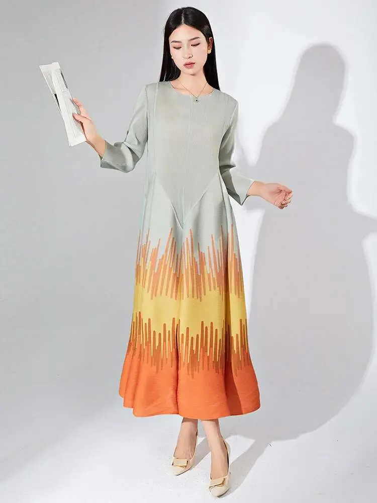 LANMREM Printed Pleated Dress Long Sleeves Color Block Fold Fashion Big Dresses Female Evening Clothing 2023 New 2DA2101