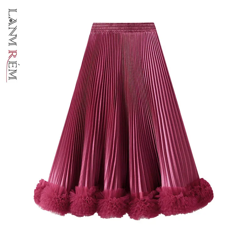 LANMREM Elegant Pleated Petal Skirt For Women 2025 New High-End Mid-Length A-Line SkirtS With Mesh Ruffled Hem Chic New 2DB3760
