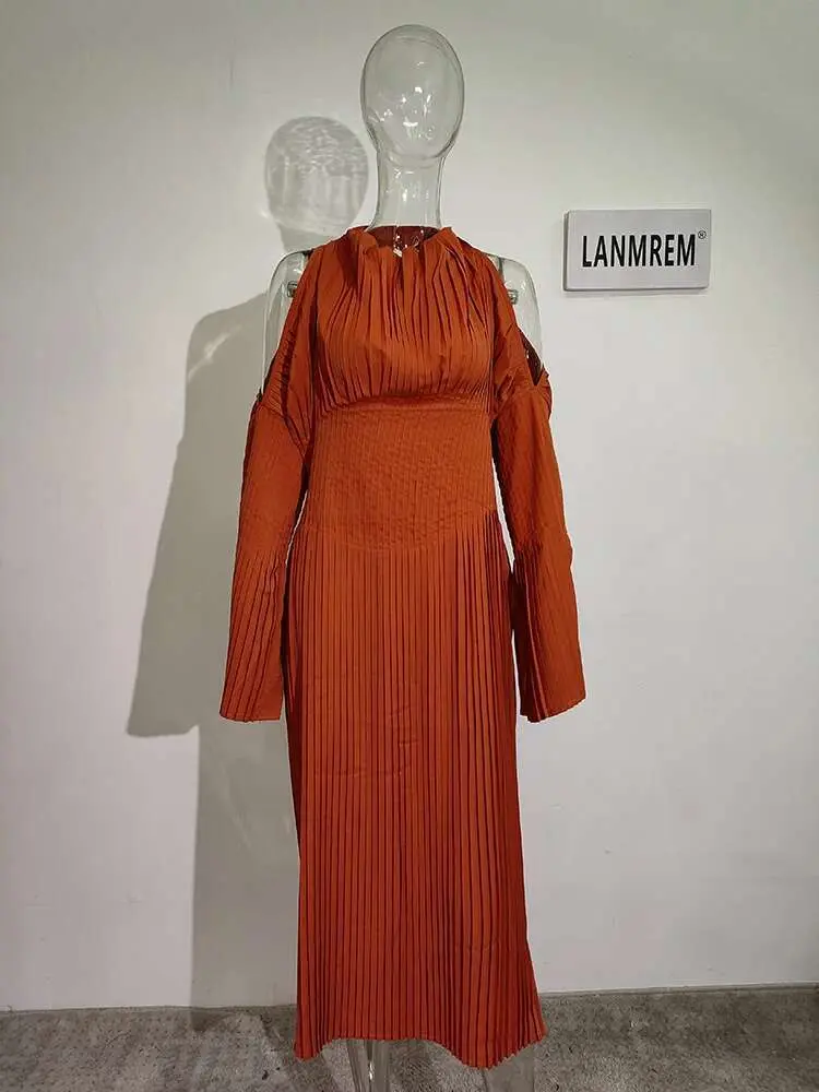 LANMREM Elegant Pleated Dress Hanging Neck Off Shoulder High Waist Slim Waist Flare Sleeves Mid Length Party Clothing 2R9811