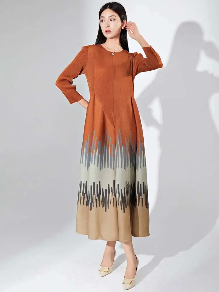 LANMREM Printed Pleated Dress Long Sleeves Color Block Fold Fashion Big Dresses Female Evening Clothing 2023 New 2DA2101
