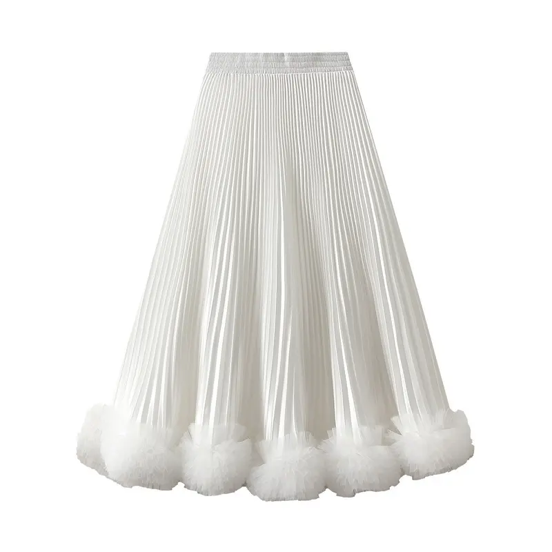 LANMREM Elegant Pleated Petal Skirt For Women 2025 New High-End Mid-Length A-Line SkirtS With Mesh Ruffled Hem Chic New 2DB3760