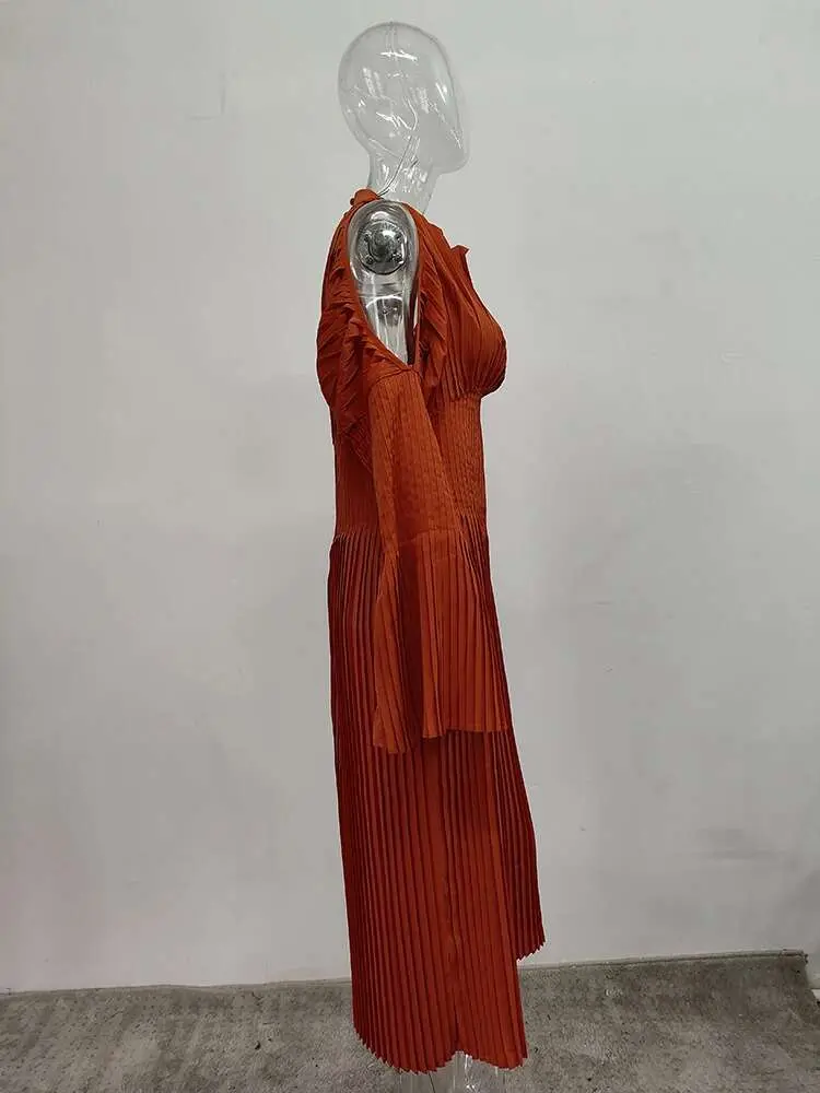 LANMREM Elegant Pleated Dress Hanging Neck Off Shoulder High Waist Slim Waist Flare Sleeves Mid Length Party Clothing 2R9811