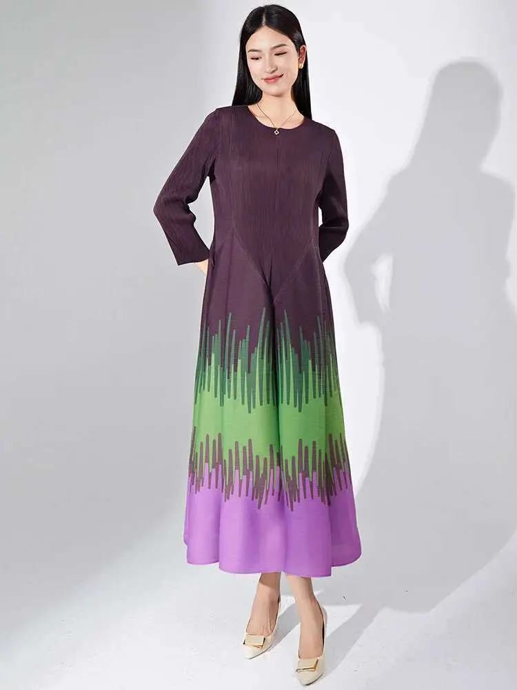 LANMREM Printed Pleated Dress Long Sleeves Color Block Fold Fashion Big Dresses Female Evening Clothing 2023 New 2DA2101