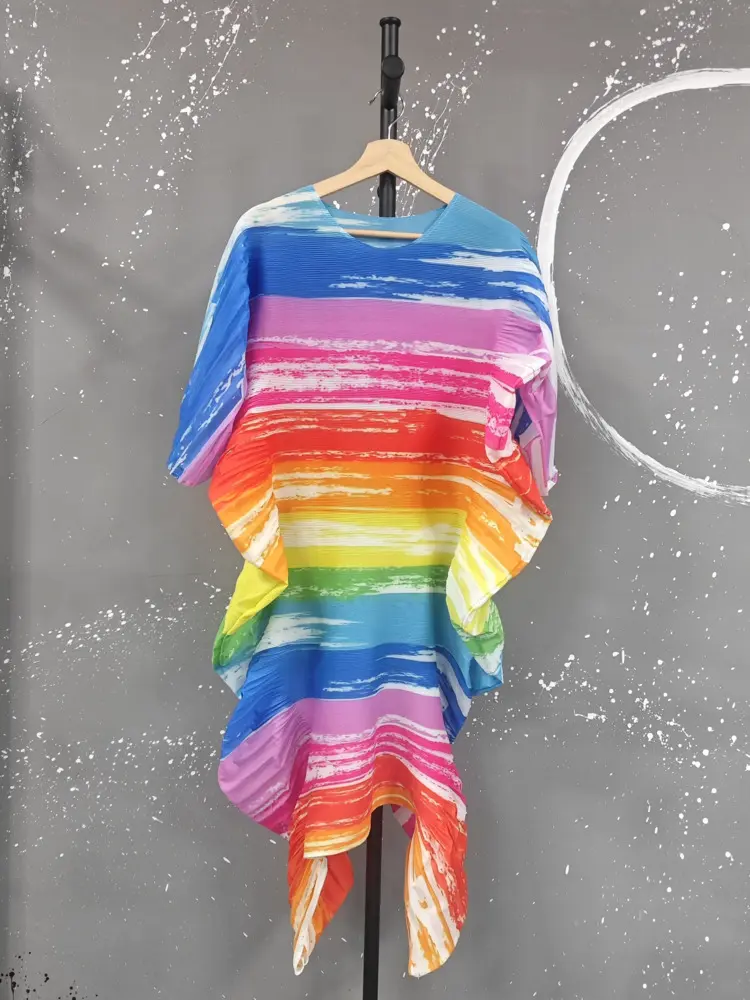 LANMREM Niche Colorful Printting Pleated Dress For Women 2025 New Loose Casual Round Collar Irregular Hem Dresses Chic 2DB2986