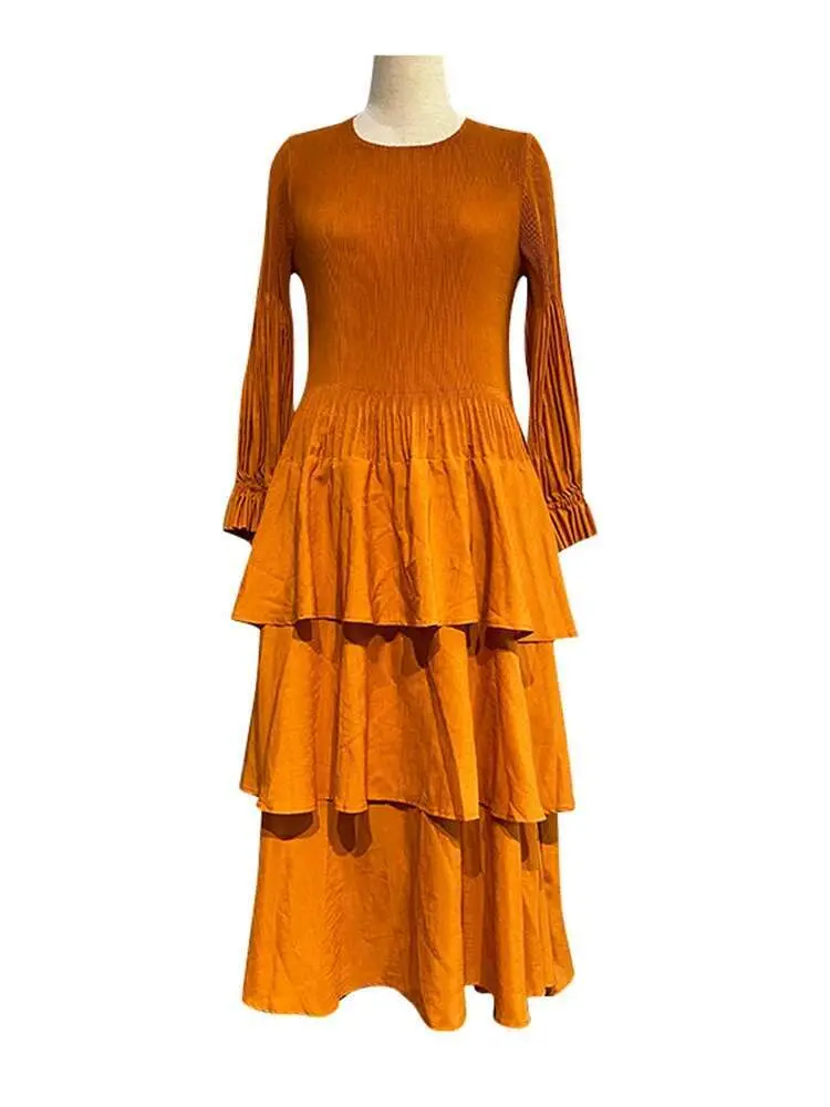 LANMREM Spring New Ruffles Dress For Women Pleated Fashion Round Necl A-line Party Dresses Solid Color 2024 Clothing 2DA4613