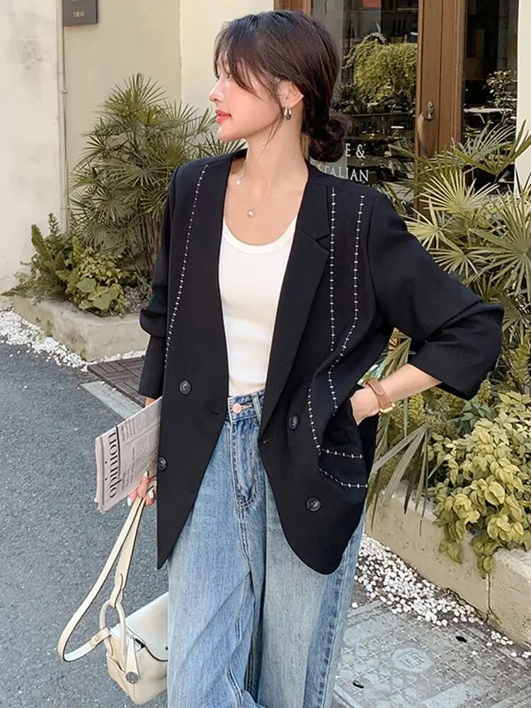 LANMREM Korean Line Blazer For Women Notched Long Sleeves Double Breasted Contrast Color Coat 2025 Spring New Clothing 2Z2536