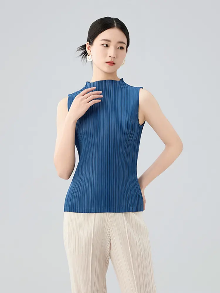 LANMREM Pleated Summer Chic Mint Green Sleeveless Stand Collar Vest Basic Slimming Versatile Top For Women 2025 New Tee 2DB2600