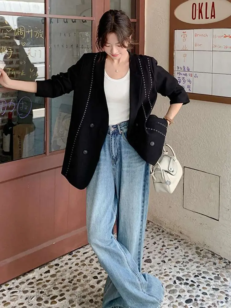 LANMREM Korean Line Blazer For Women Notched Long Sleeves Double Breasted Contrast Color Coat 2025 Spring New Clothing 2Z2536