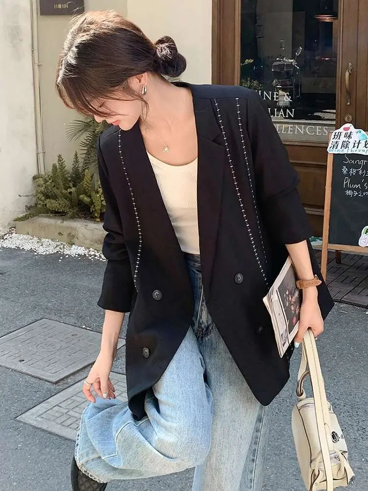 LANMREM Korean Line Blazer For Women Notched Long Sleeves Double Breasted Contrast Color Coat 2025 Spring New Clothing 2Z2536