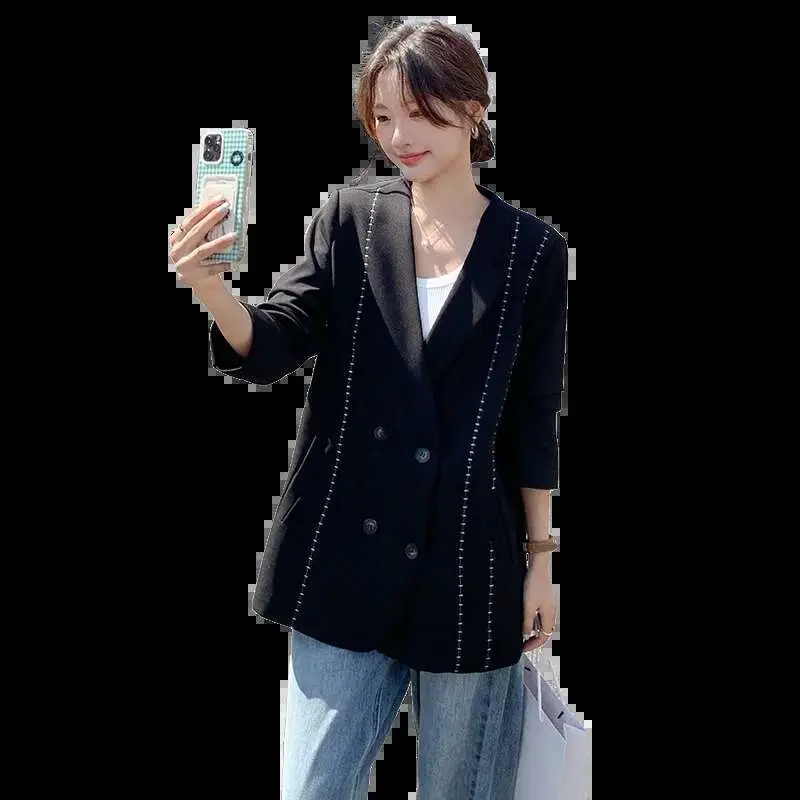 LANMREM Korean Line Blazer For Women Notched Long Sleeves Double Breasted Contrast Color Coat 2025 Spring New Clothing 2Z2536