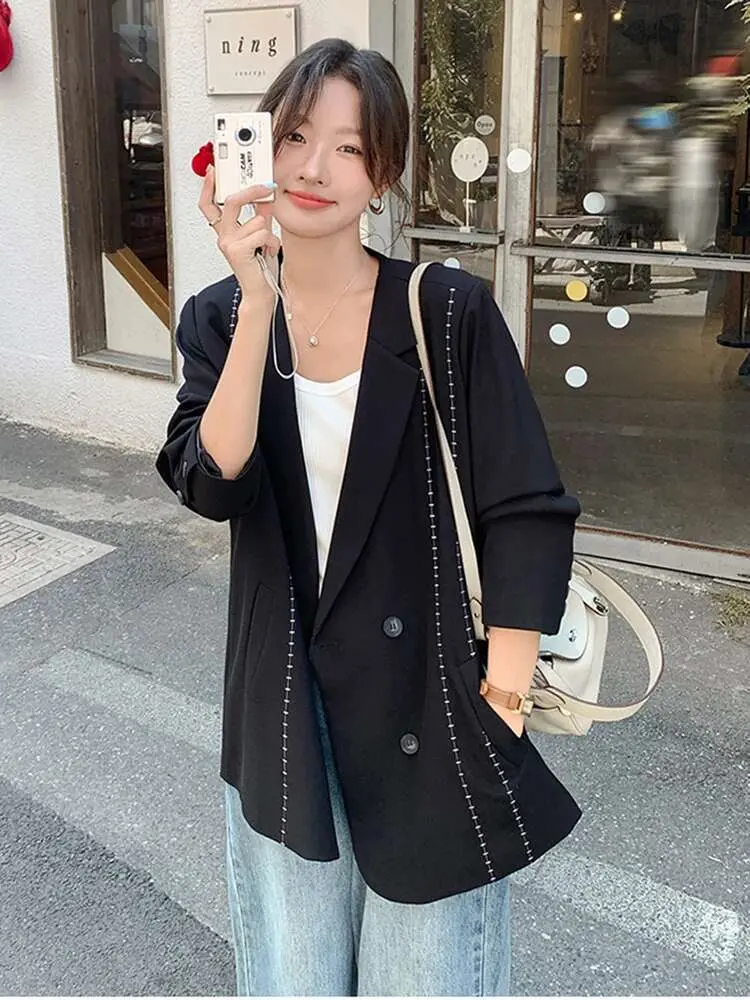 LANMREM Korean Line Blazer For Women Notched Long Sleeves Double Breasted Contrast Color Coat 2025 Spring New Clothing 2Z2536