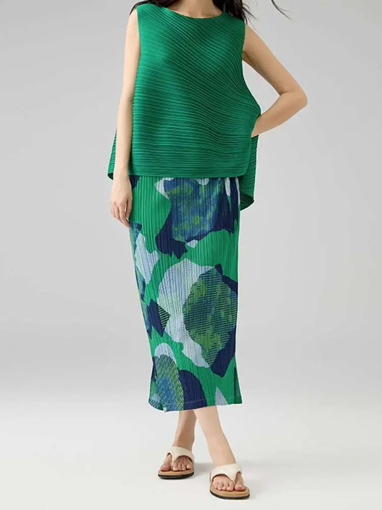 LANMREM Pleated Clothes 2025 Summer New Elegant Temperament Slit Printed Half Skirt Slim Fit Versatile A-line Skirt 2DB2687