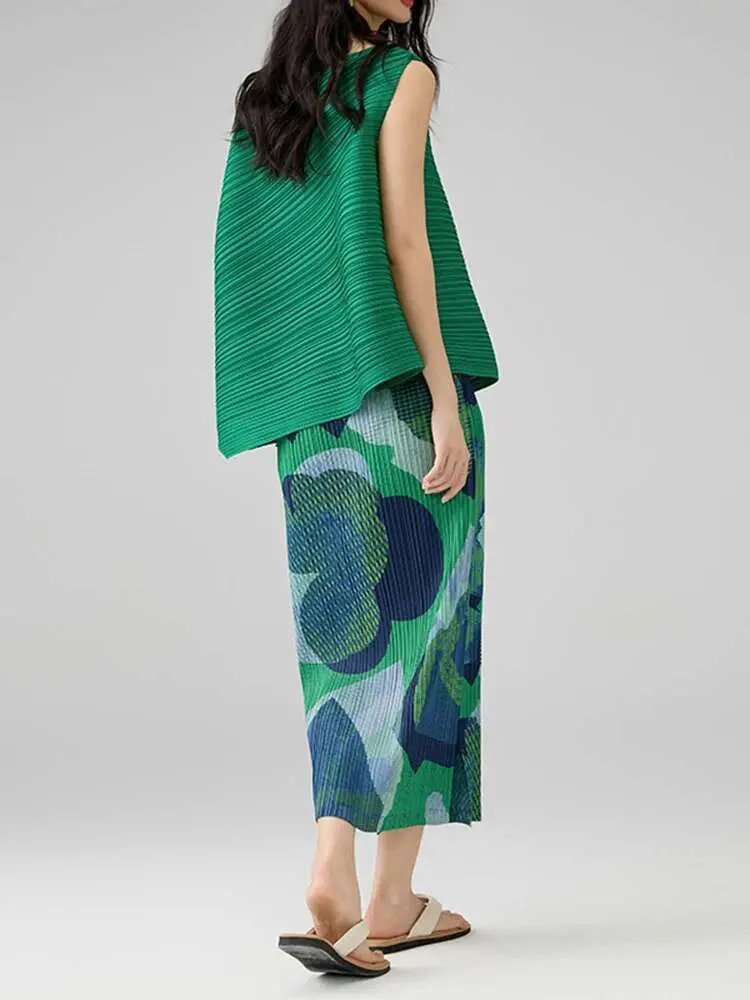LANMREM Pleated Clothes 2025 Summer New Elegant Temperament Slit Printed Half Skirt Slim Fit Versatile A-line Skirt 2DB2687