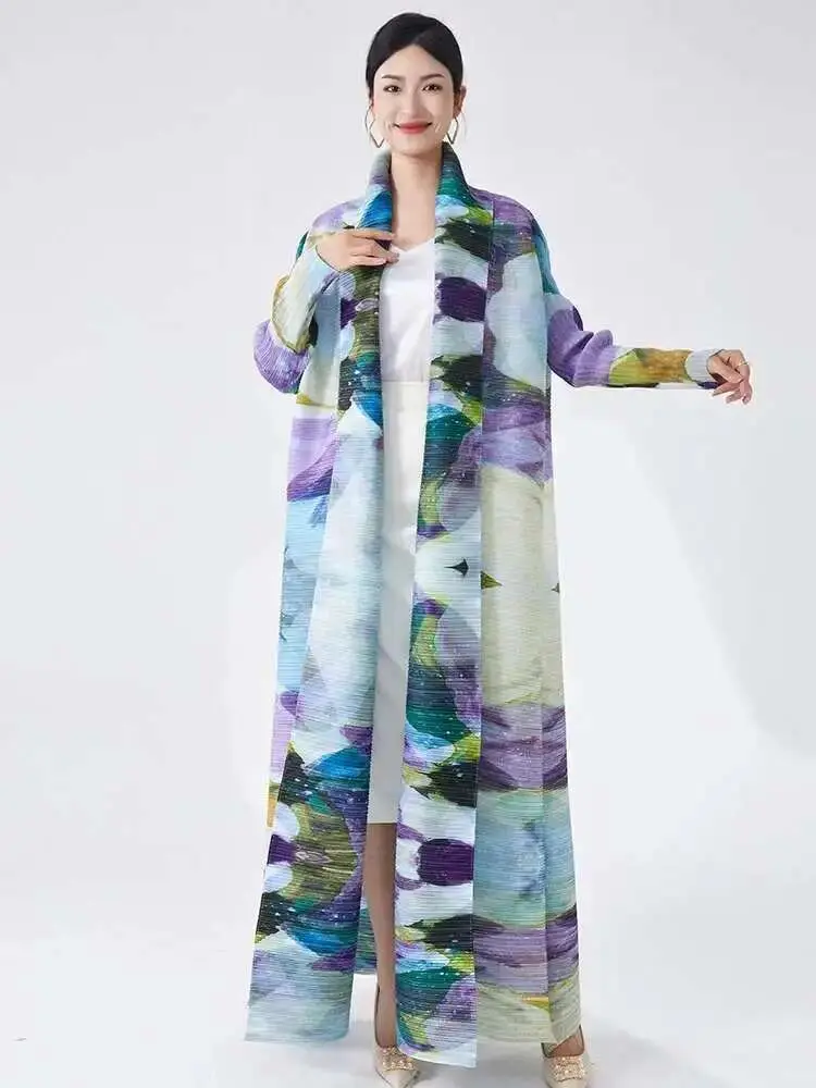LANMREM Casual Pleated Print Trench Women's Lapel Long Sleeves Contrast Color Lace-up Gathered Waist Coat 2025 Spring New 2Z2602