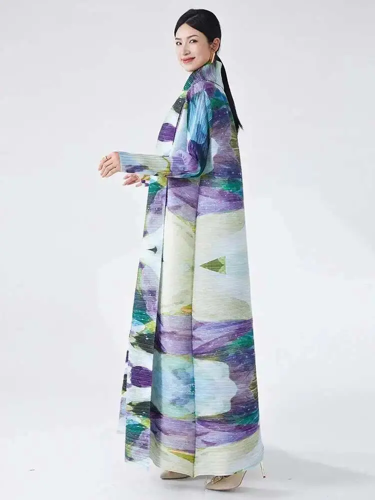 LANMREM Casual Pleated Print Trench Women's Lapel Long Sleeves Contrast Color Lace-up Gathered Waist Coat 2025 Spring New 2Z2602