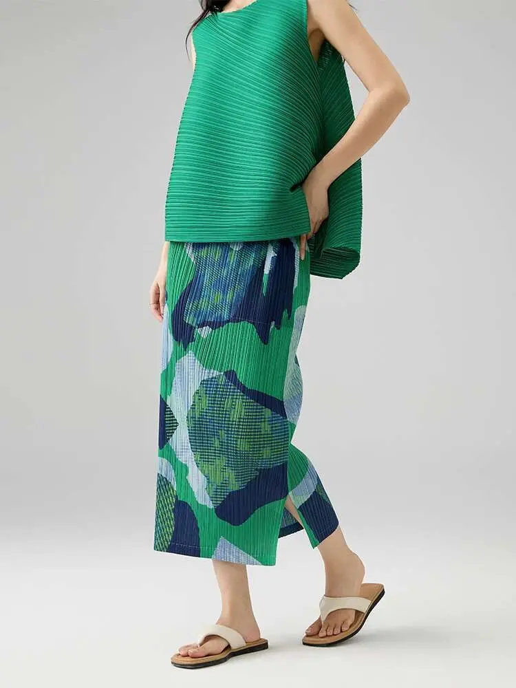 LANMREM Pleated Clothes 2025 Summer New Elegant Temperament Slit Printed Half Skirt Slim Fit Versatile A-line Skirt 2DB2687
